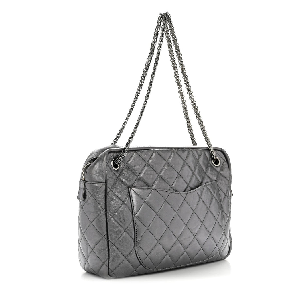 Chanel Metallic Aged Calfskin Quilted Large Reissue Camera Case Silver