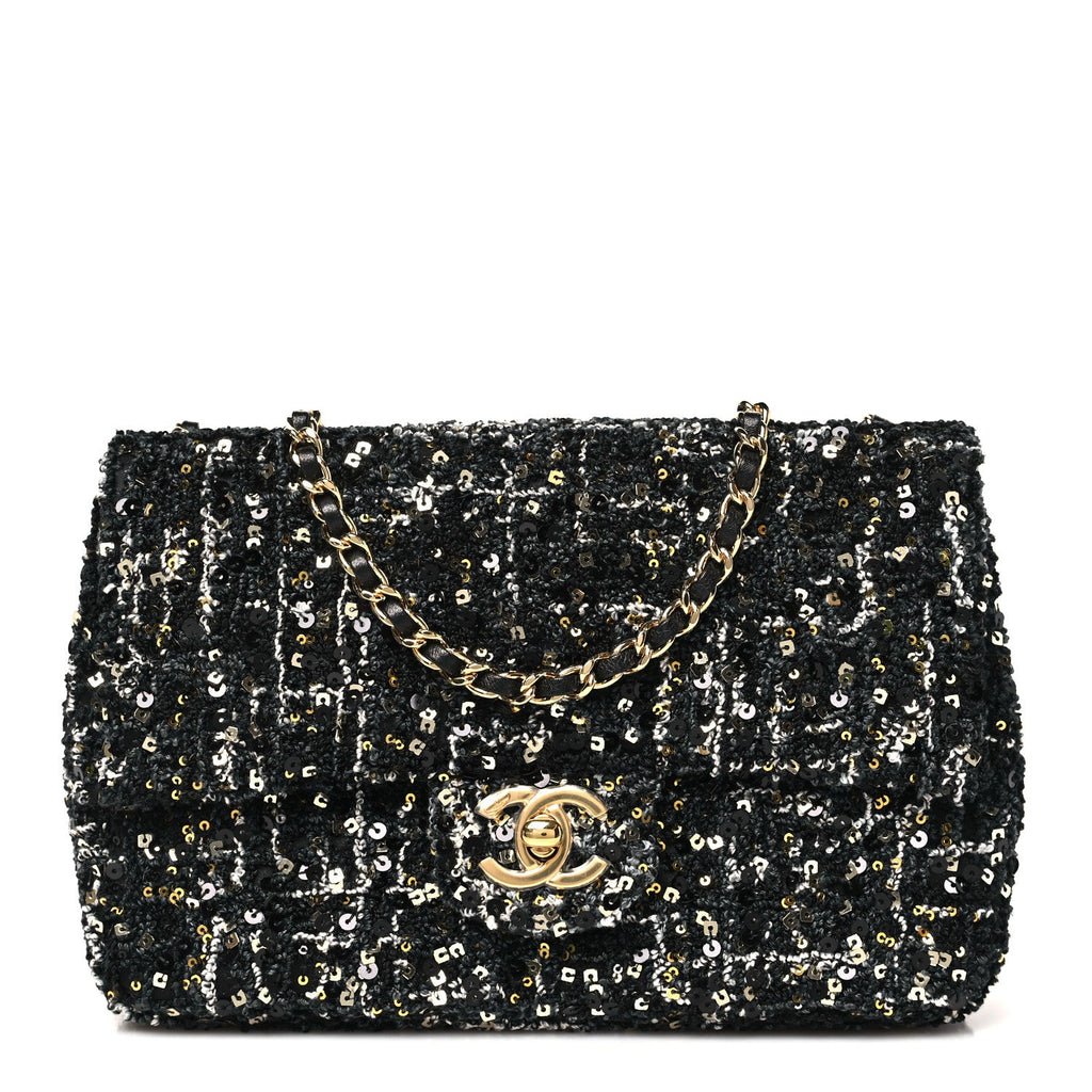 Chanel Tweed Sequin Small Single Flap Black Silvery Golden