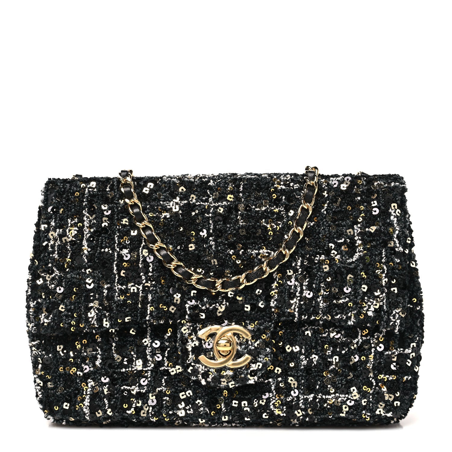 Chanel Tweed Sequin Small Single Flap Black Silvery Golden