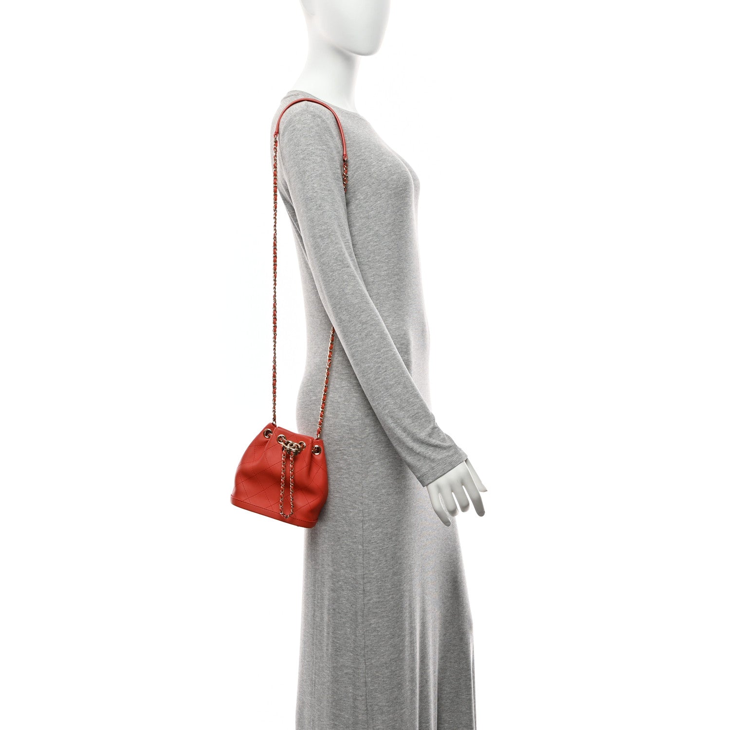 Chanel Calfskin Stitched Chain Bucket Bag Coral