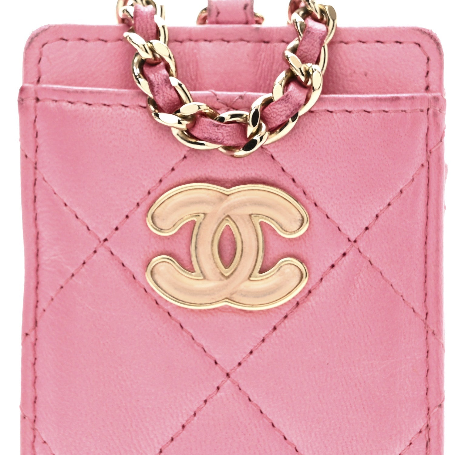 Lambskin Quilted Enamel Chanel Card Holder On Chain Pink