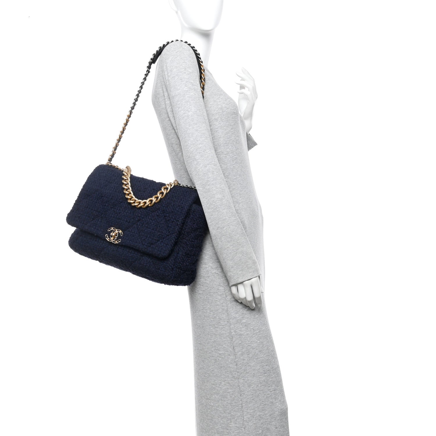 Chanel Tweed Quilted Maxi Chanel 19 Flap Navy