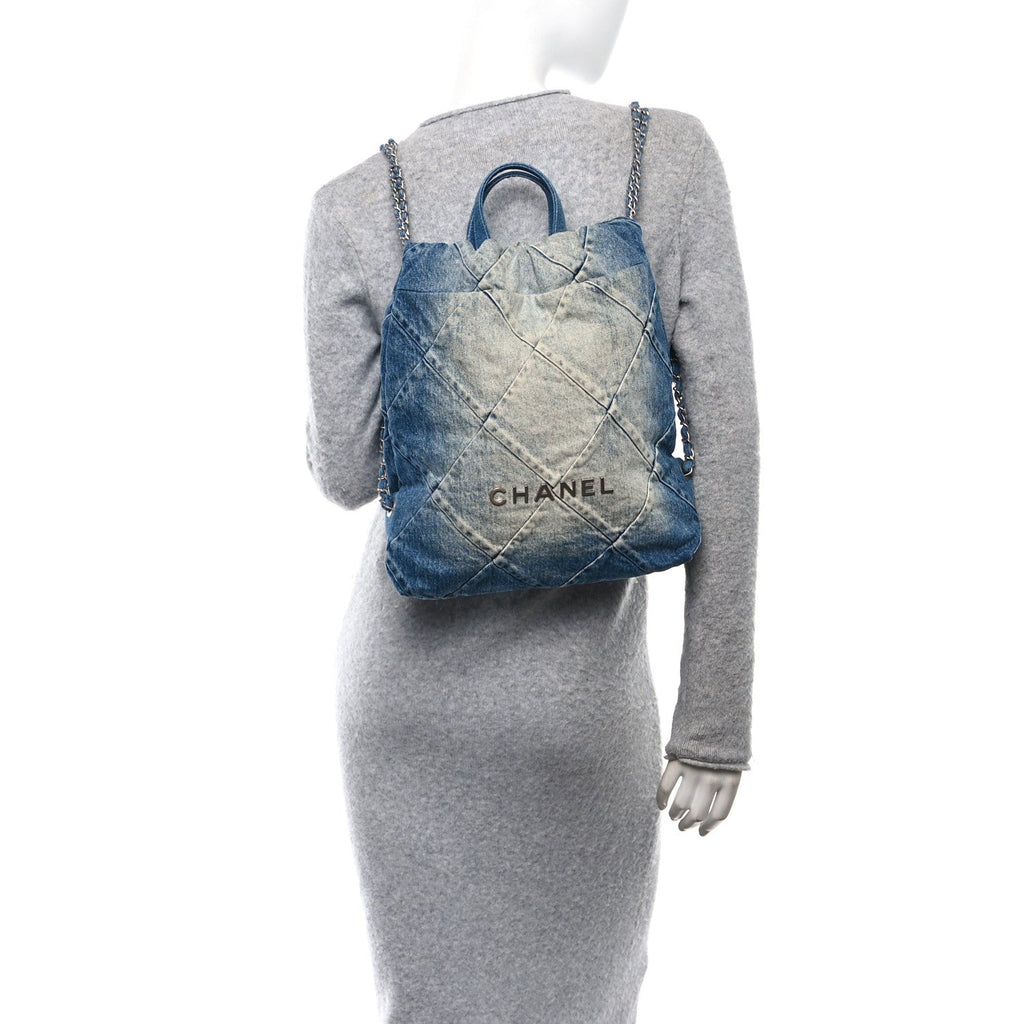 Chanel Denim Quilted Chanel 22 Backpack Blue