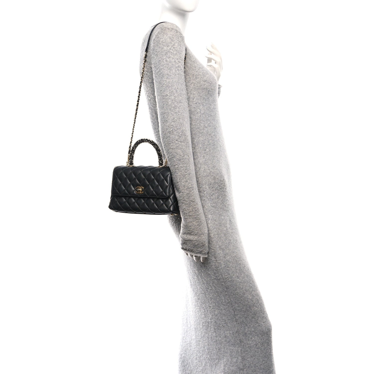 Chanel Calfskin Strass Quilted Mini Coco Handle Flap Dark Silver