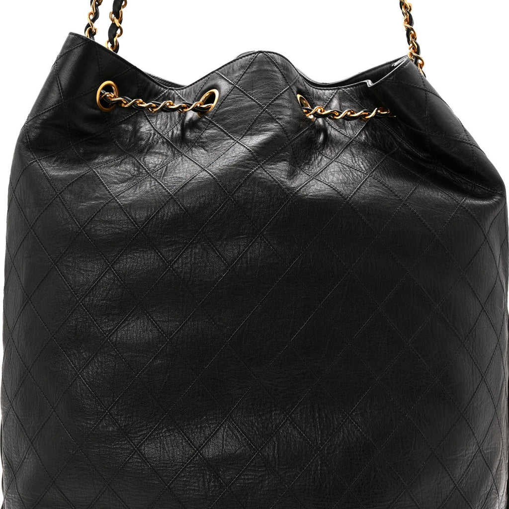 Chanel Grained Calfskin Quilted Drawstring Bucket Bag Black