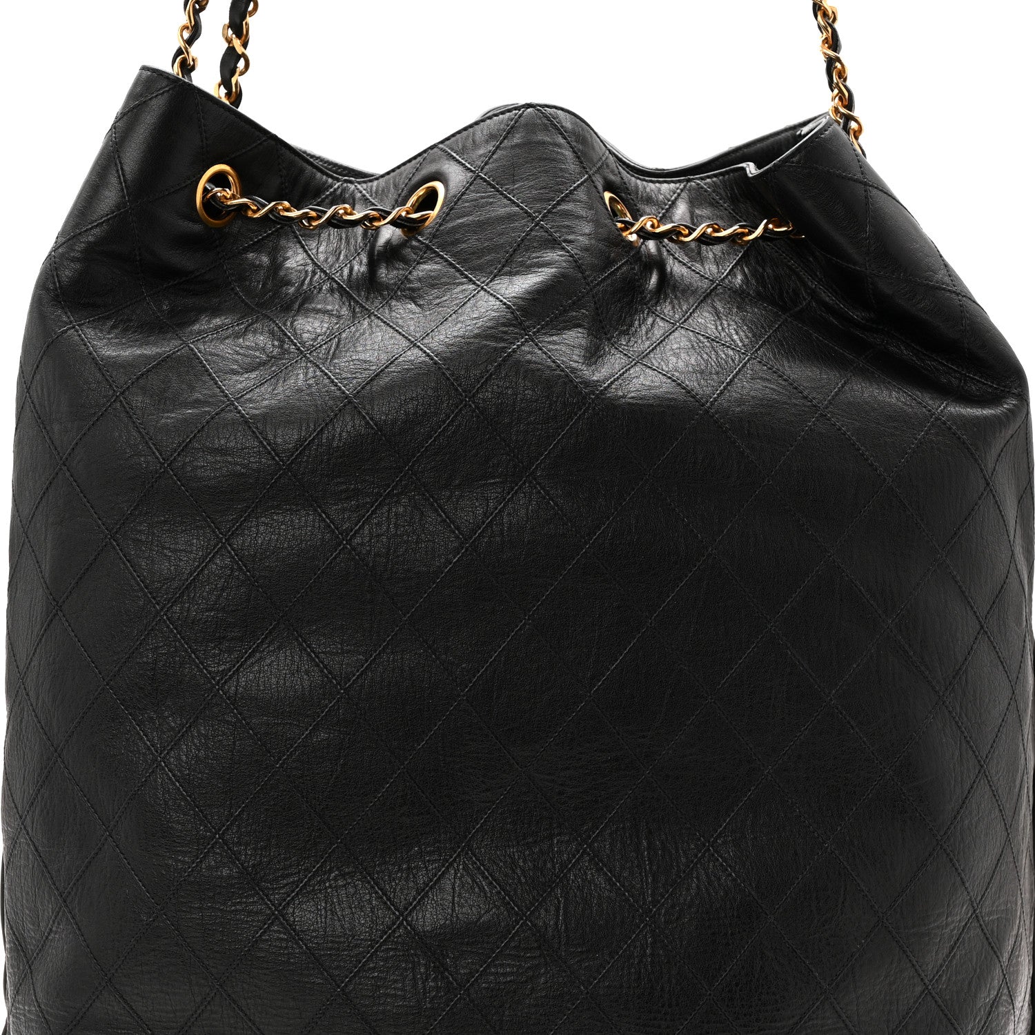 Chanel Grained Calfskin Quilted Drawstring Bucket Bag Black