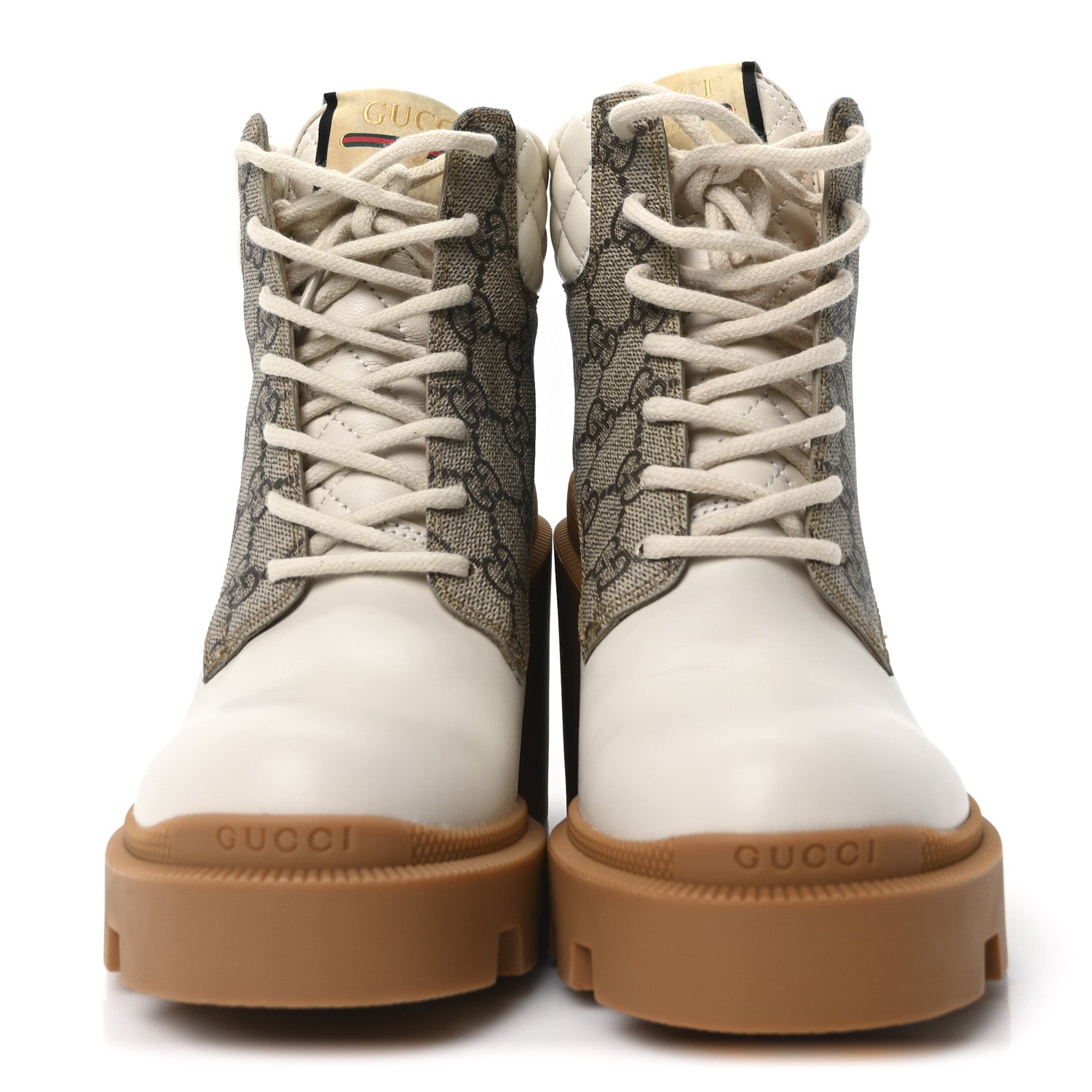 Gucci Calfskin GG Supreme Monogram Nappa Quilted Lace Up Ankle Boots 35 Mystic White Beige