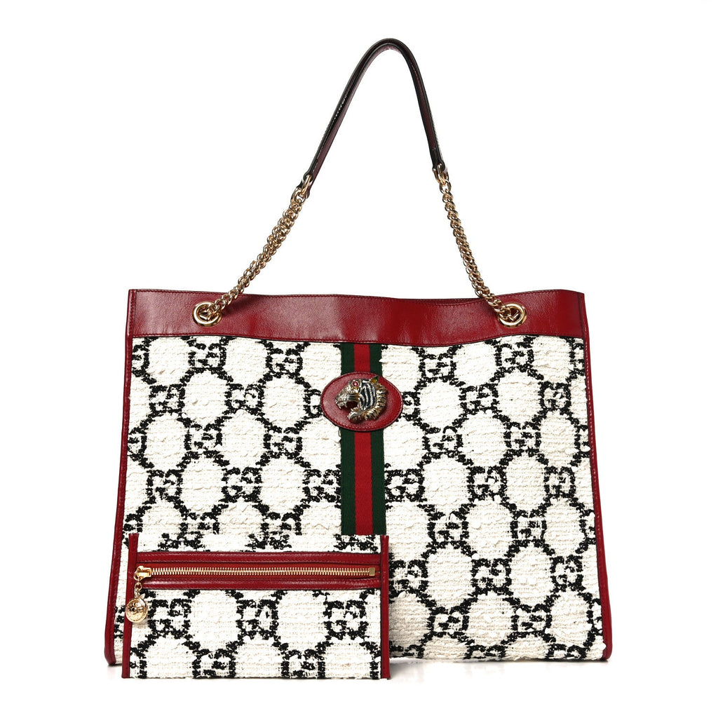 Gucci Tweed GG Monogram Large Rajah Chain Tote White Black Romantic Cherry