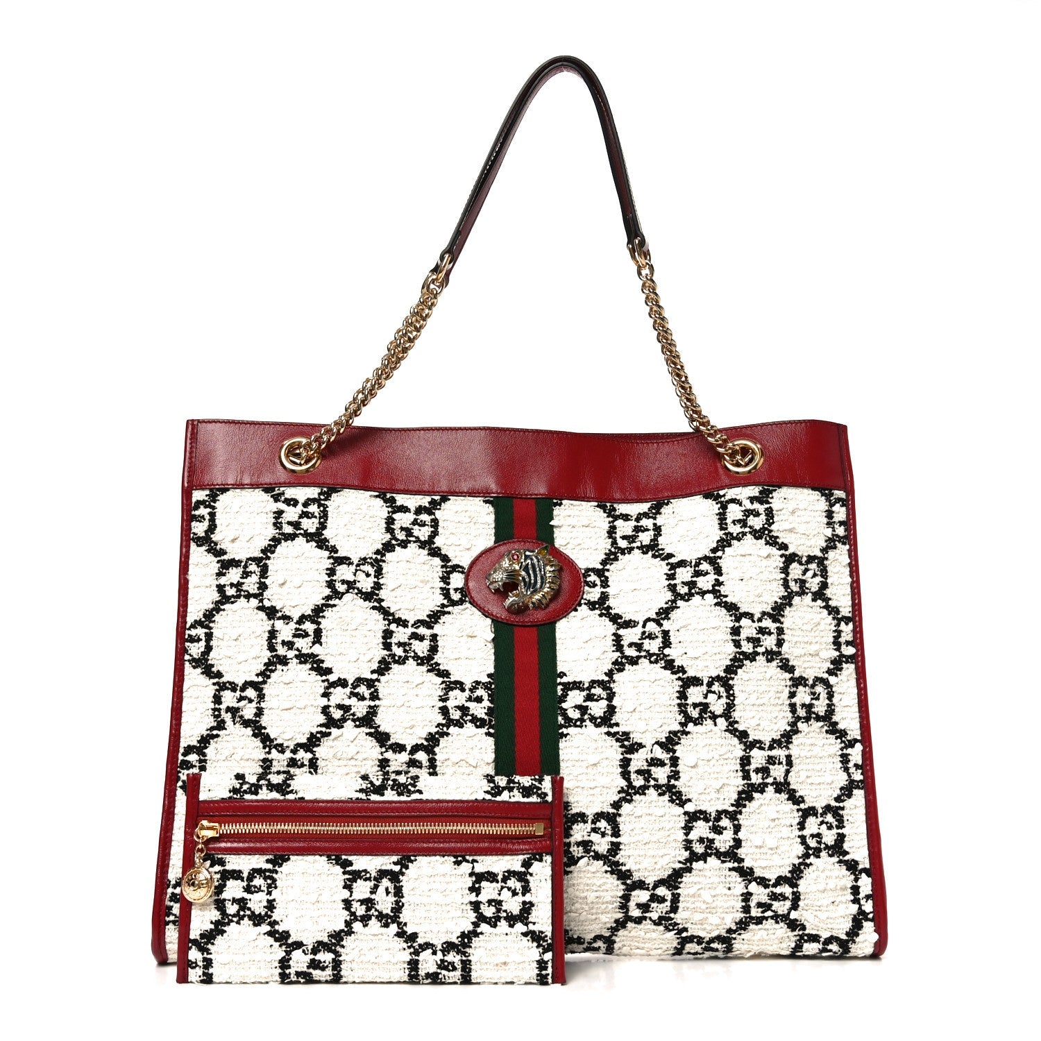 Gucci Tweed GG Monogram Large Rajah Chain Tote White Black Romantic Cherry
