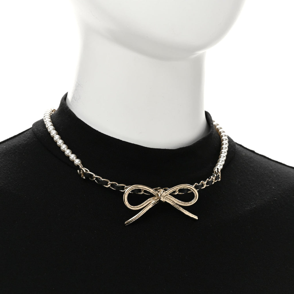 Pearl Lambskin CC Chain Bow Choker Gold Black White