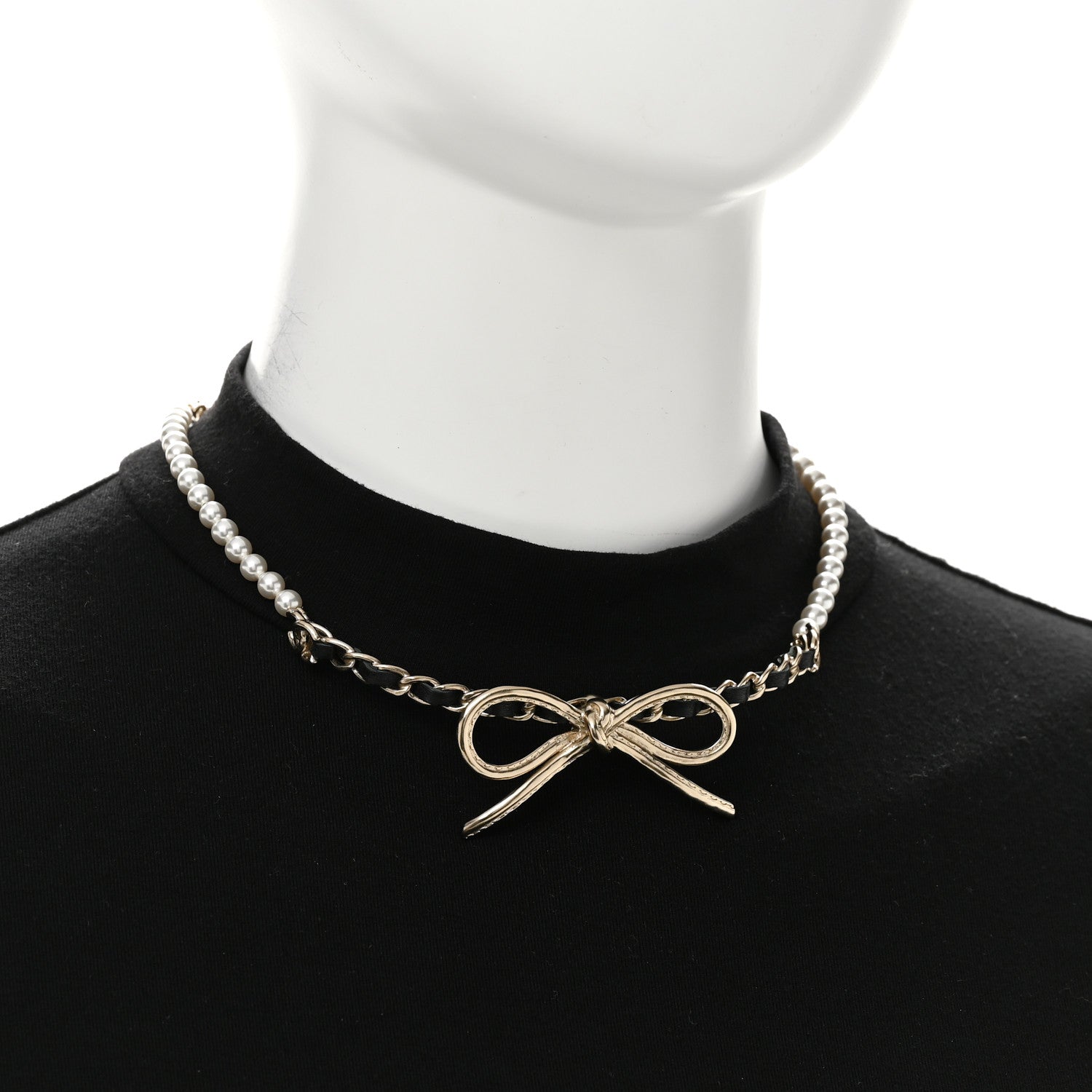 Pearl Lambskin CC Chain Bow Choker Gold Black White