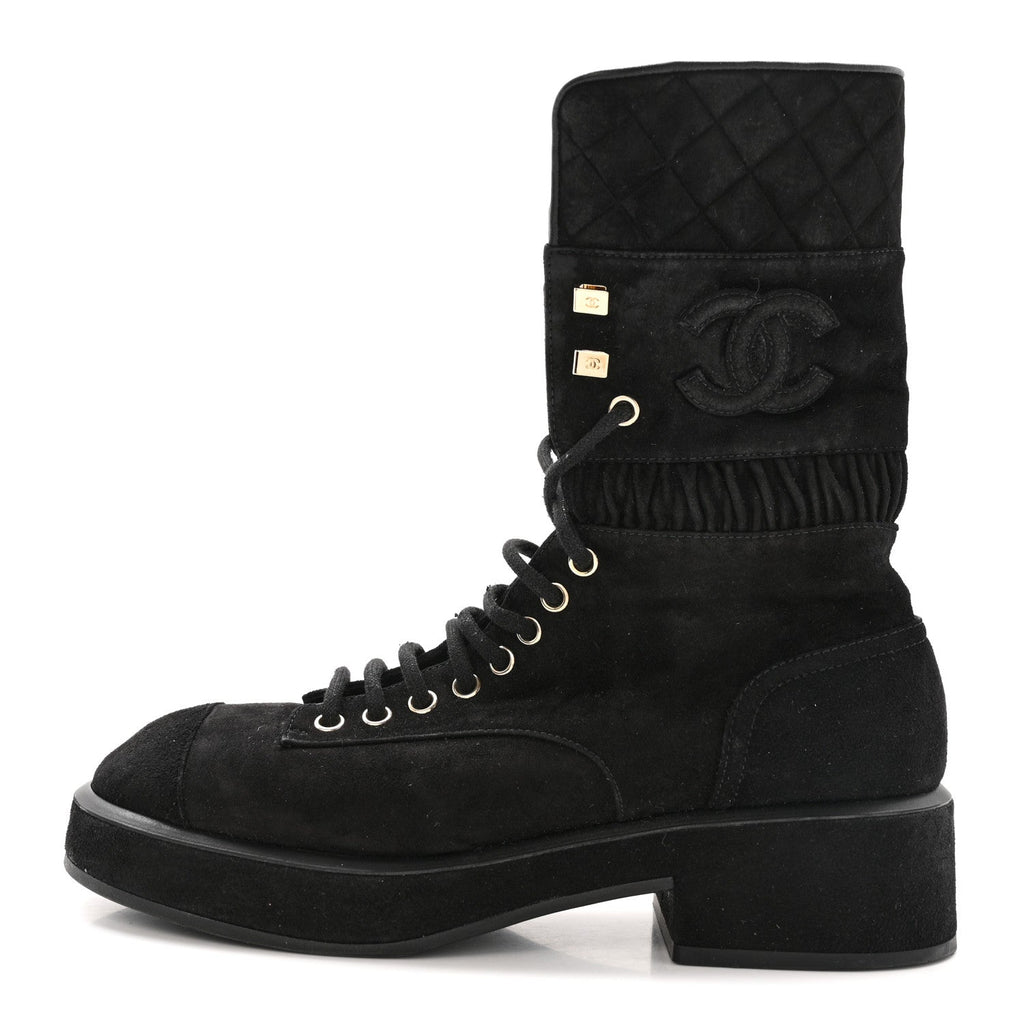 Chanel Suede Quilted Lace Up Combat Boots 38.5 Black