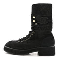 Chanel Suede Quilted Lace Up Combat Boots 38.5 Black