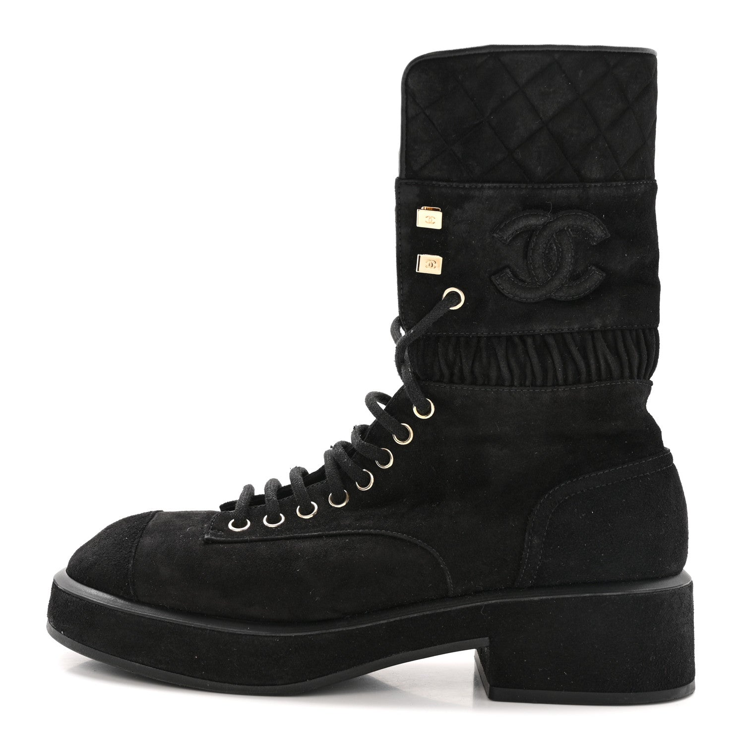 Chanel Suede Quilted Lace Up Combat Boots 38.5 Black