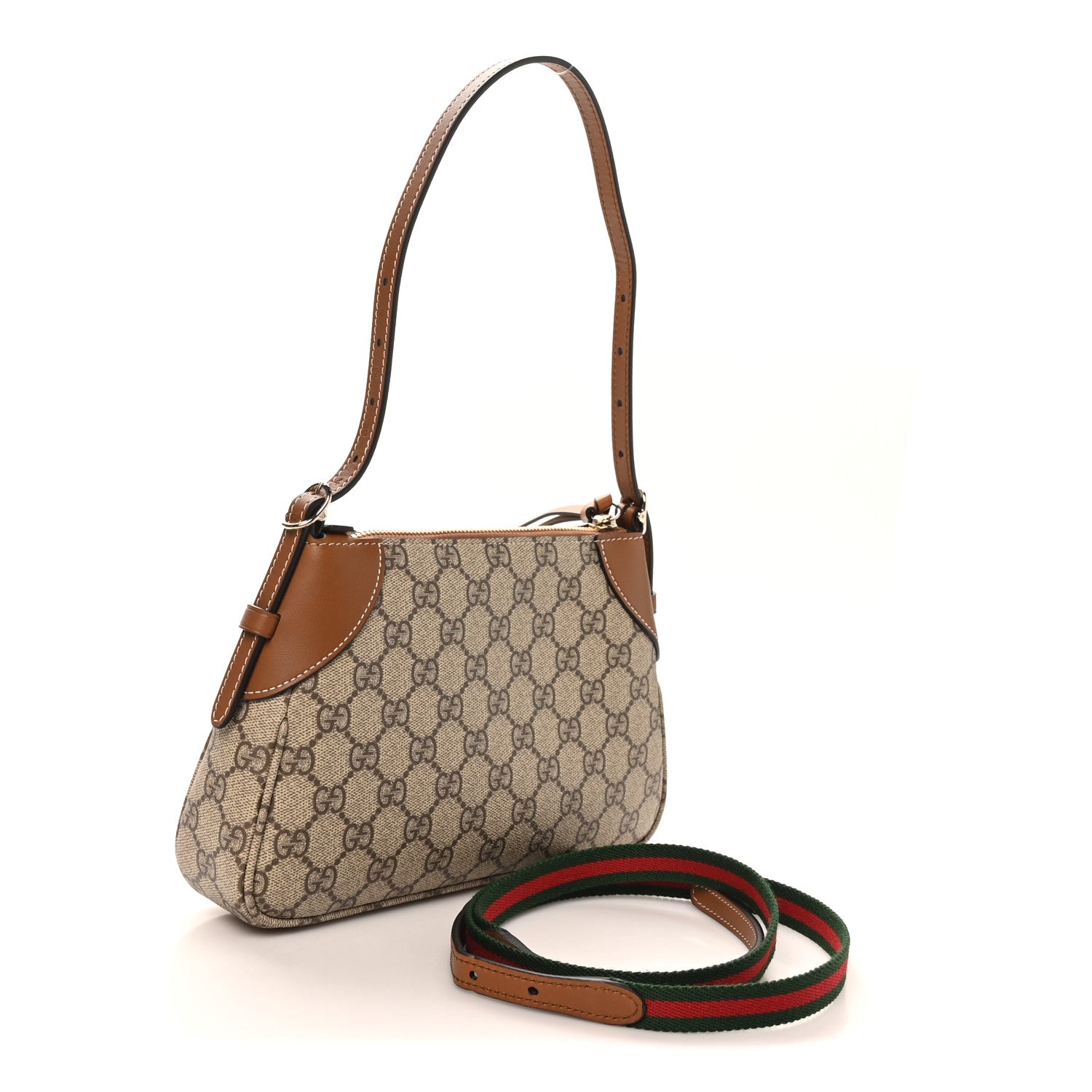 Gucci GG Supreme Monogram Textured Calfskin Small Emblem Shoulder Bag Beige Dark Brown