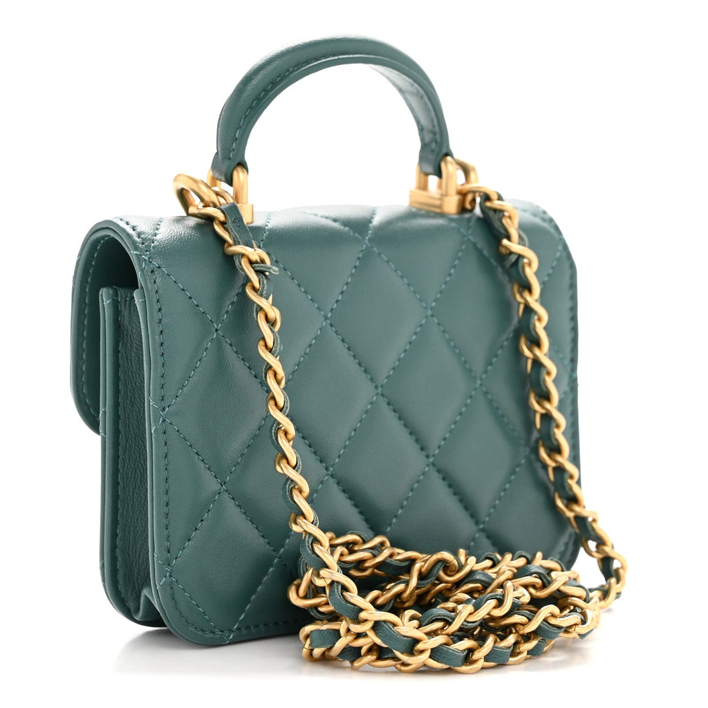 Chanel Lambskin Quilted Top Handle Flap Coin Purse With Chain Green