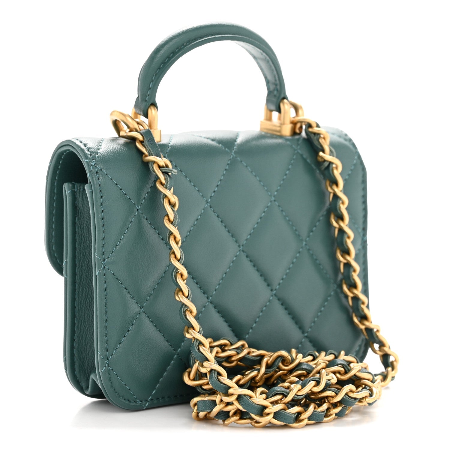 Chanel Lambskin Quilted Top Handle Flap Coin Purse With Chain Green