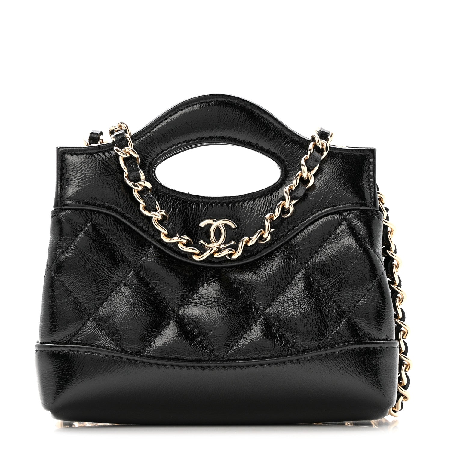 Chanel Shiny Lambskin Quilted Micro 31 Clutch With Chain Black