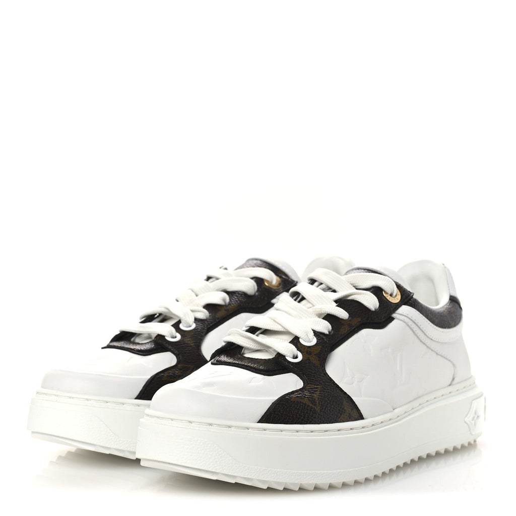 Louis Vuitton Lambskin Embossed Monogram Time Out Sneakers 39 White Brown