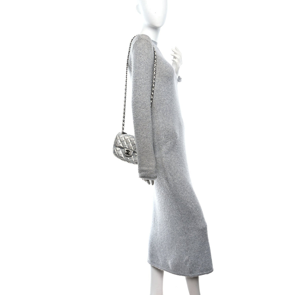 Chanel Metallic Lambskin Perforated Mini Rectangular Flap Silver