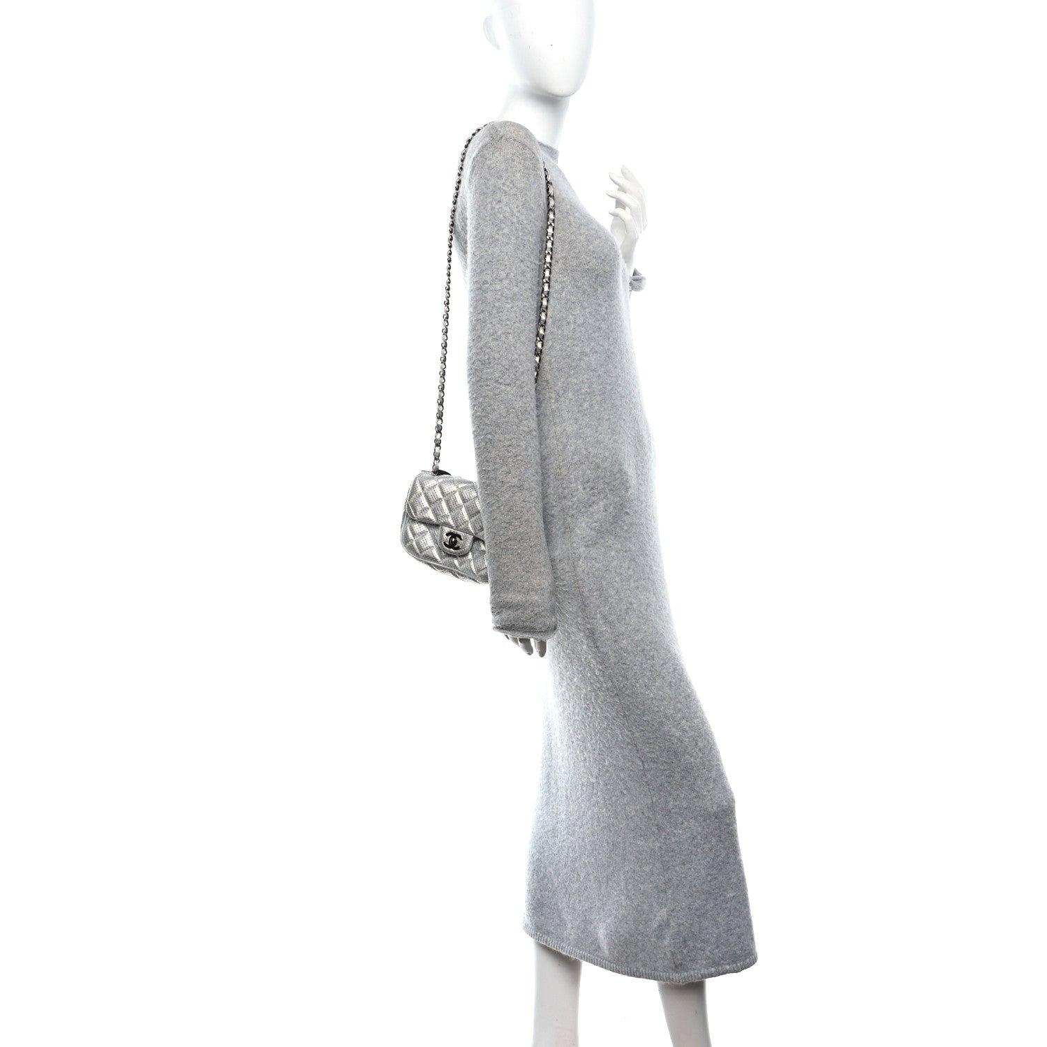 Chanel Metallic Lambskin Perforated Mini Rectangular Flap Silver