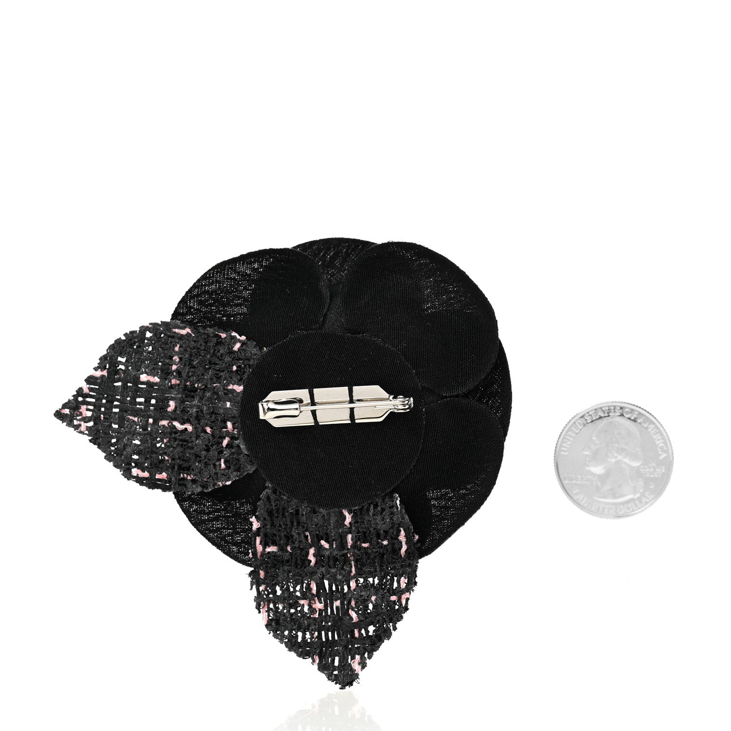 Chanel Tweed Fabric Camellia Pin Brooch Black Pink