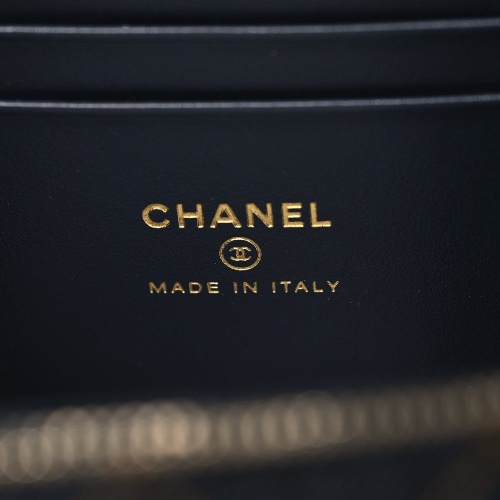 Chanel Denim Quilted Vanity Case With Chain Dark Blue