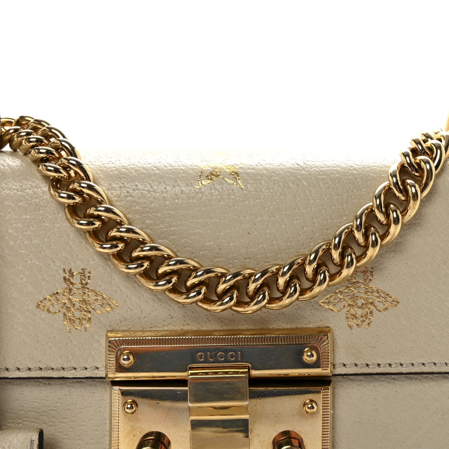 Gucci Grained Calfskin Bee Star Small Padlock Shoulder Bag White