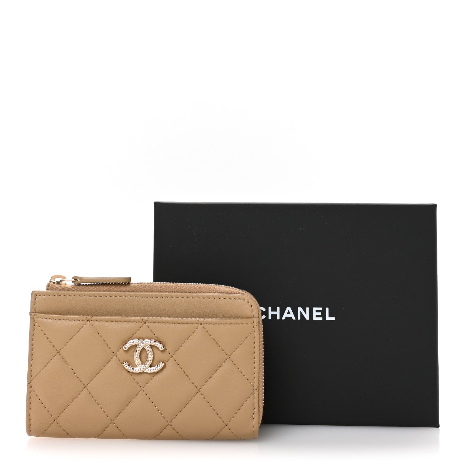 Lambskin Quilted Crystal CC Zip Card Holder Dark Beige