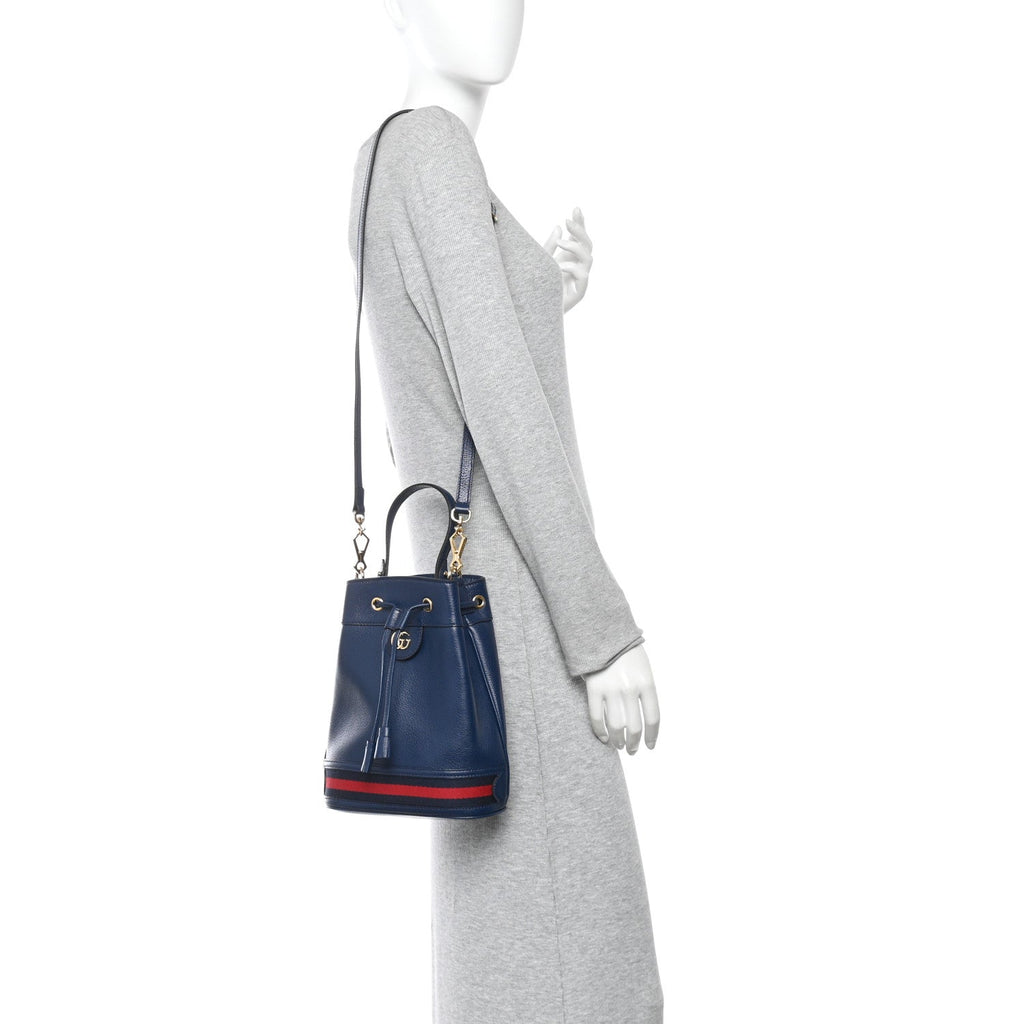 Gucci Glazed Textured Calfskin Web Small Ophidia Bucket Bag Blue Agata