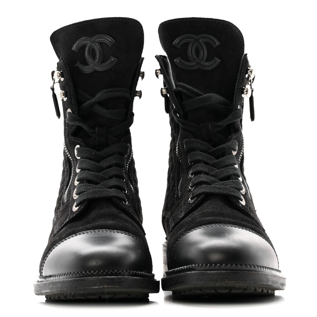 Chanel Suede Calfskin Quilted Lace Up Boots 38 Black