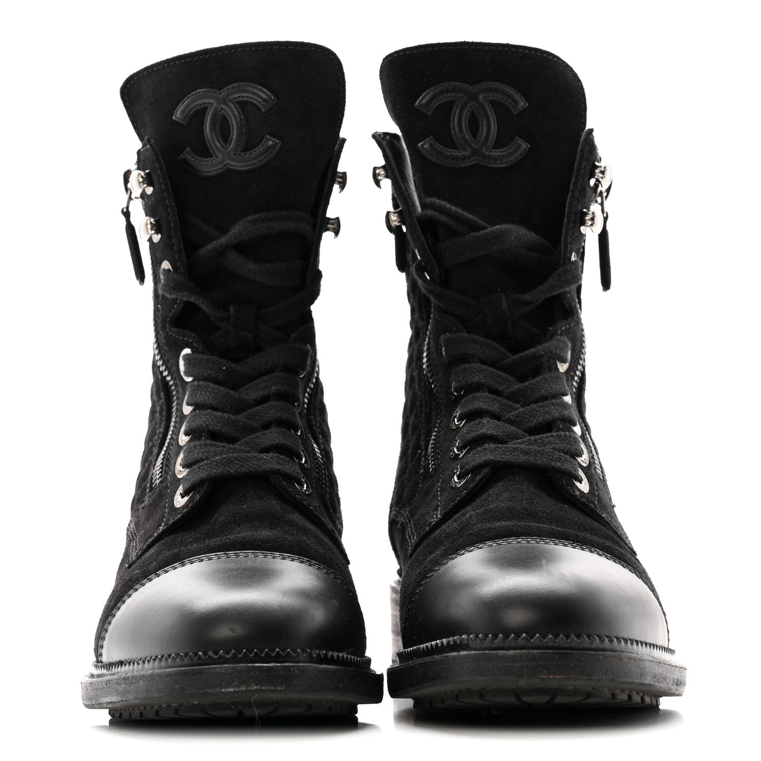 Chanel Suede Calfskin Quilted Lace Up Boots 38 Black