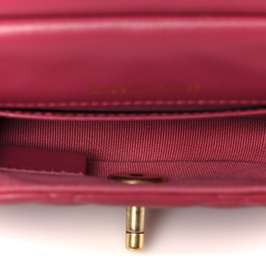 Chanel Calfskin Quilted Lady Handle Flap Card Holder With Chain Dark Pink