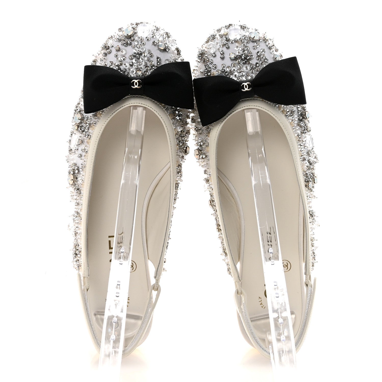 Satin Crystal Lambskin Grosgrain Bow CC Slingback Flats 38.5 White Black