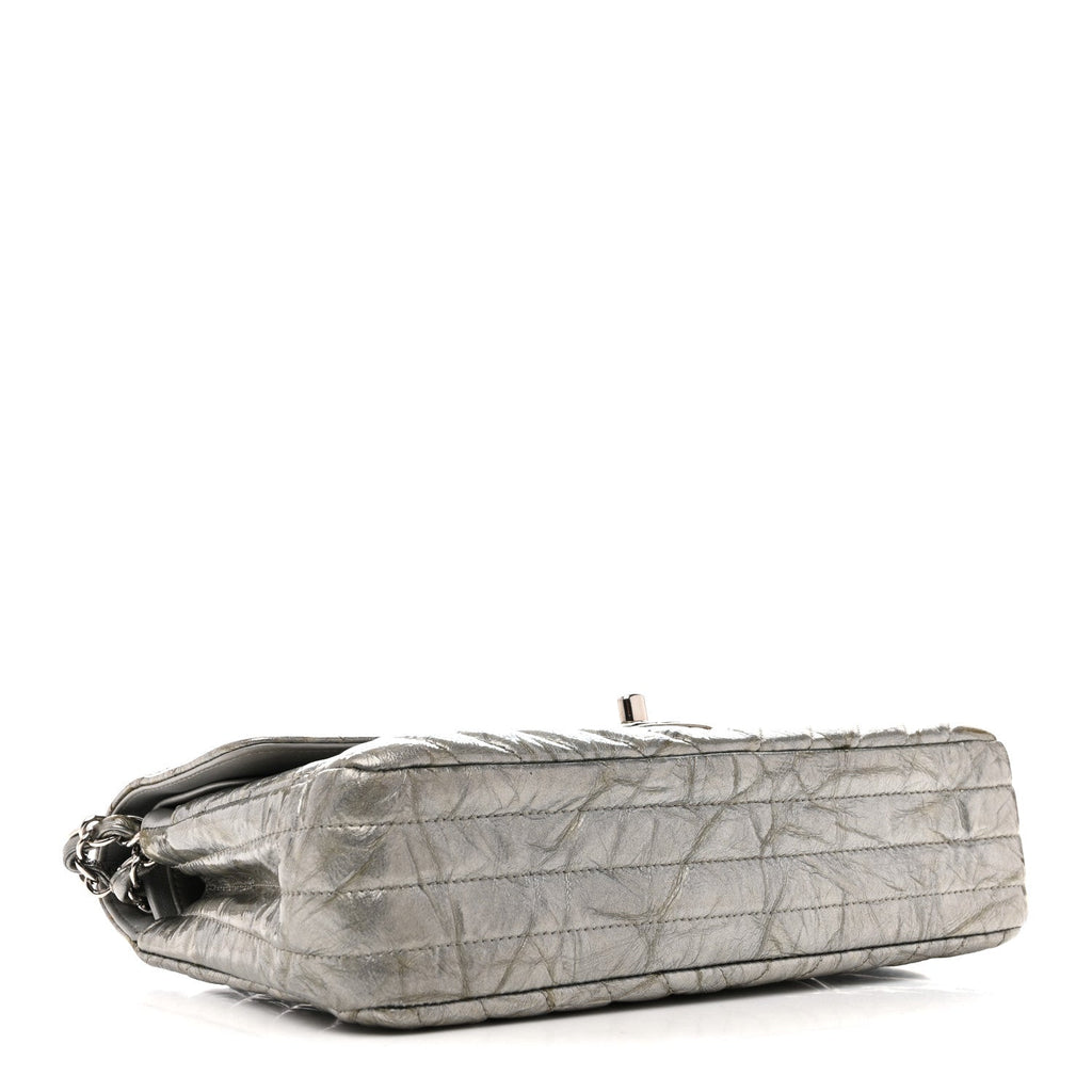 Chanel Metallic Patent Crumpled Calfskin Chevron Quilted Medium Double Flap Silver