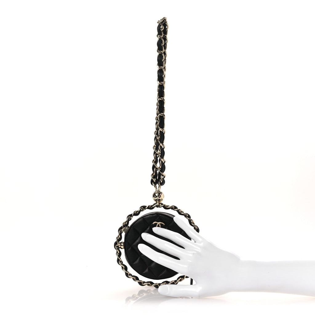 Chanel Lambskin Quilted Chain Round Mini Clutch Black