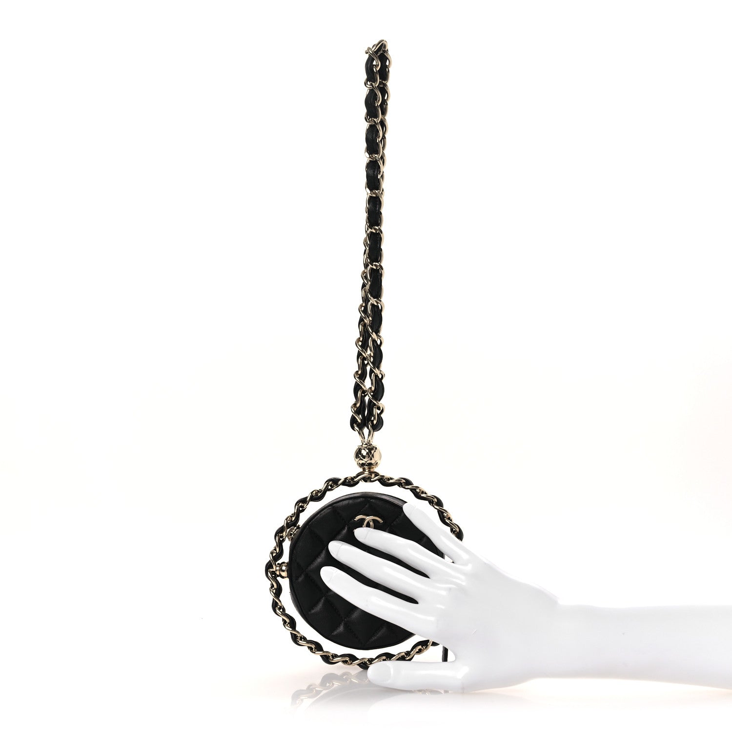 Chanel Lambskin Quilted Chain Round Mini Clutch Black