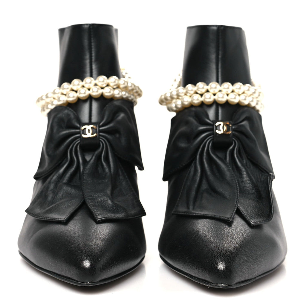 Lambskin Pearl Bow Short Boots 37.5 Black