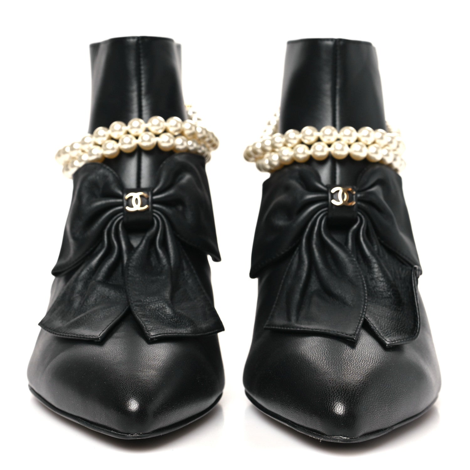 Lambskin Pearl Bow Short Boots 37.5 Black