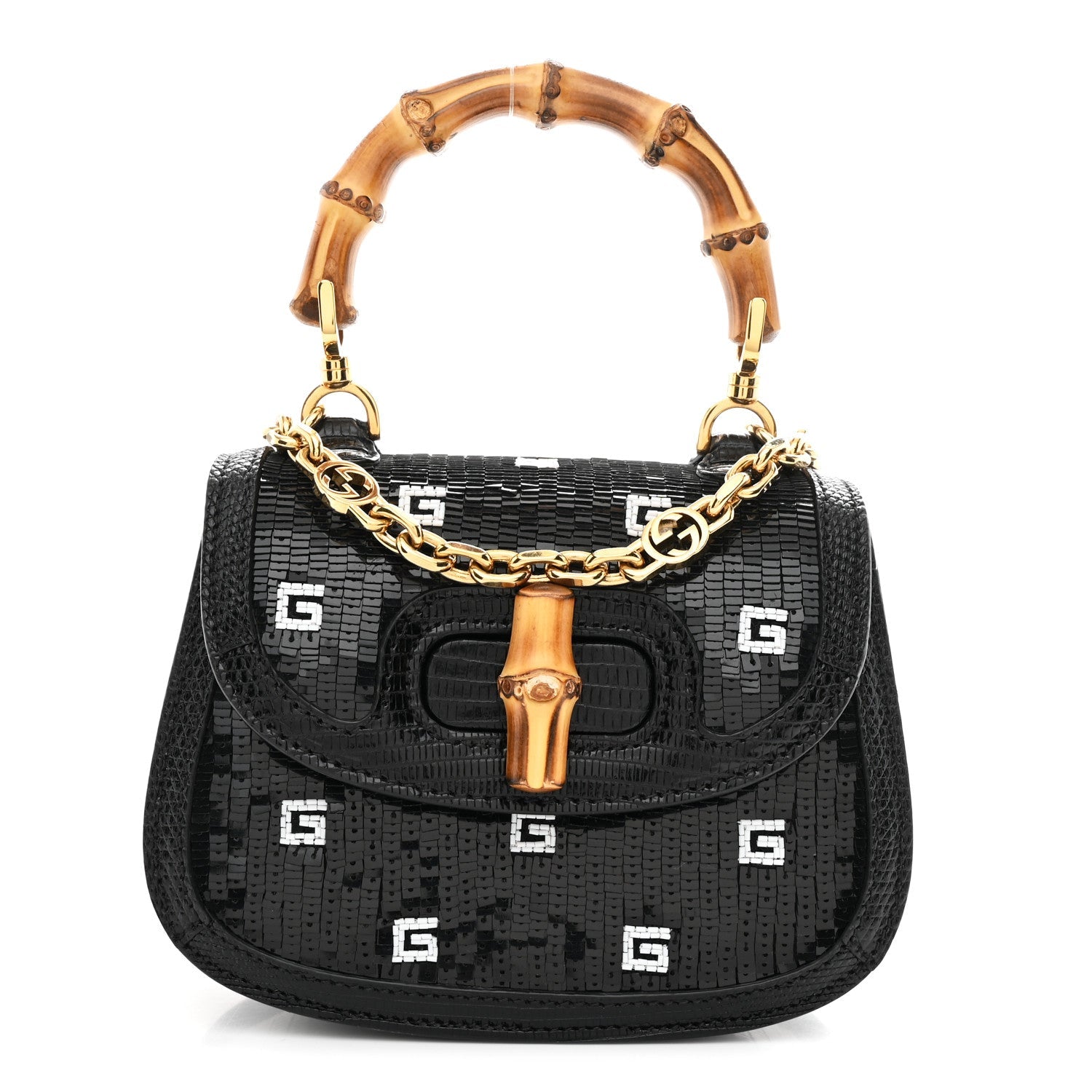 Gucci Sequin Lizard Embossed GG Mini Bamboo 1947 Top Handle Chain Bag Black White