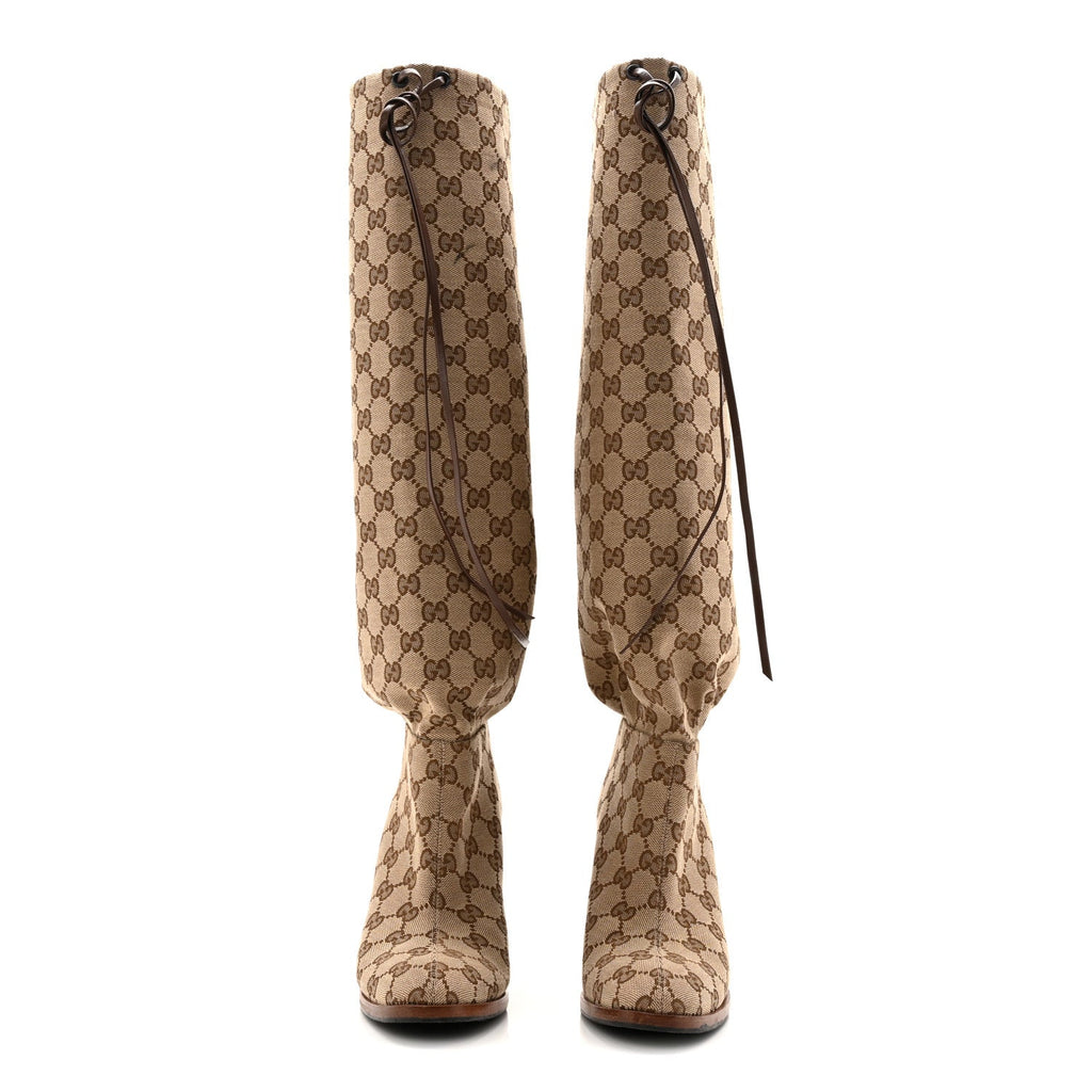 Gucci Monogram Malaga Kid Lisa Mid Heel Boots 37.5 Beige Ebony