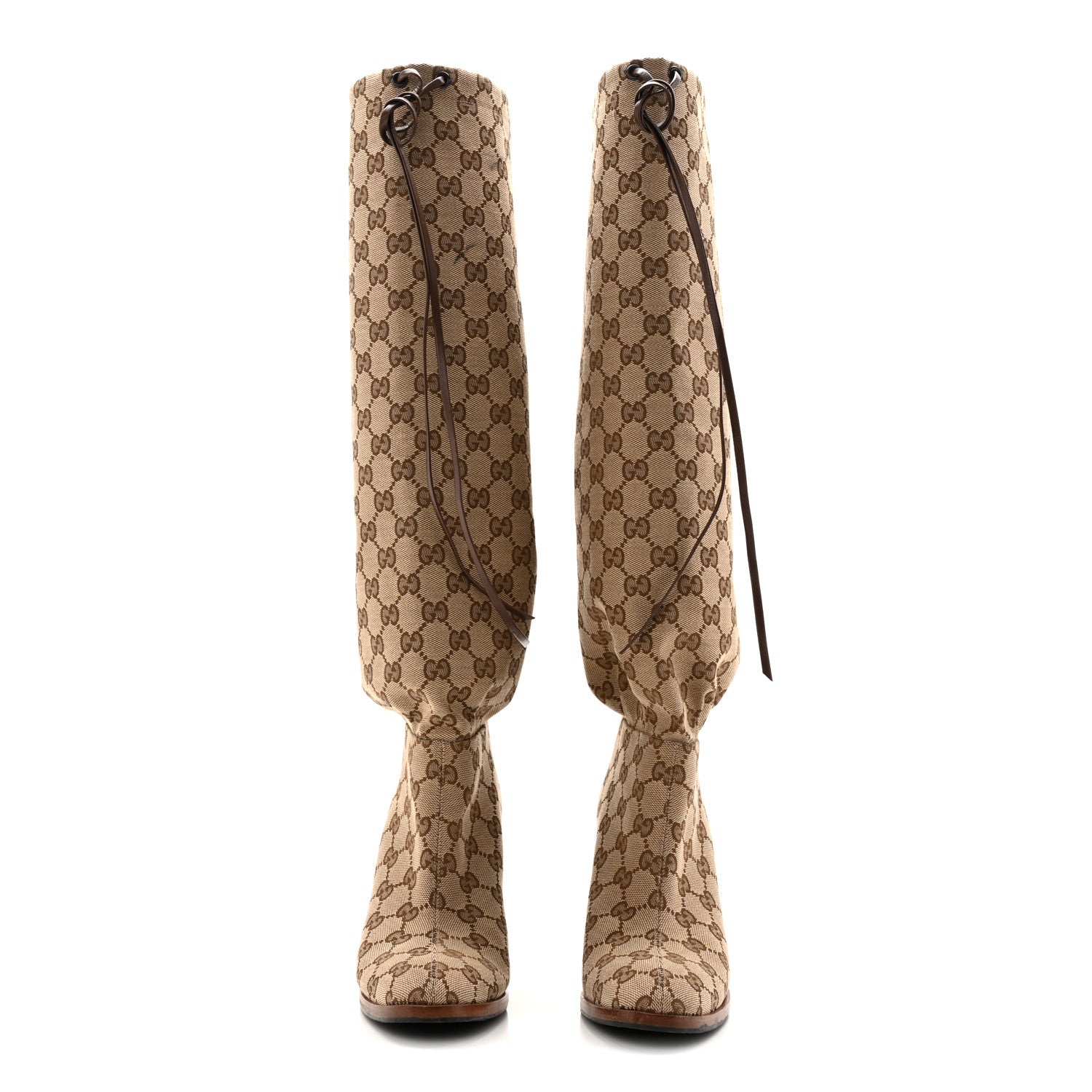 Gucci Monogram Malaga Kid Lisa Mid Heel Boots 37.5 Beige Ebony