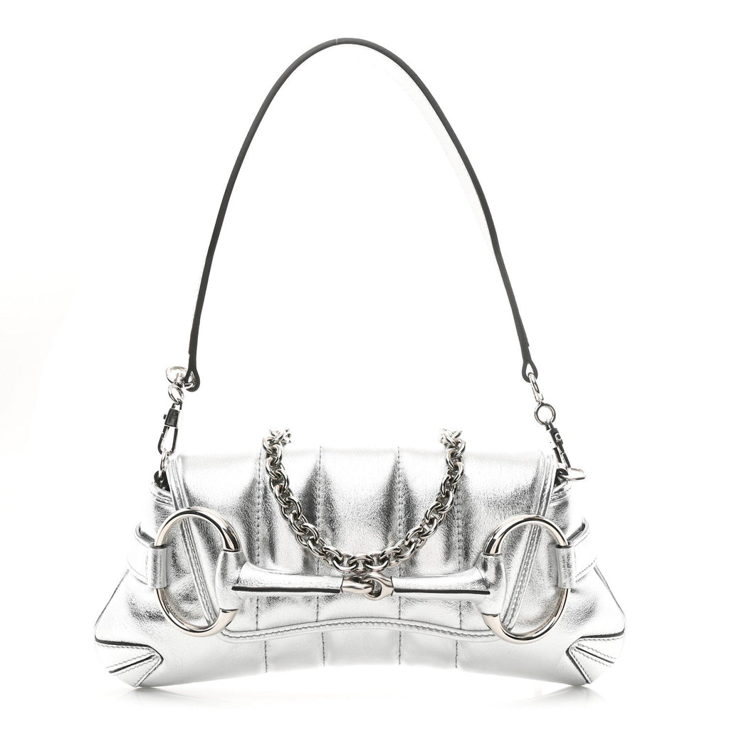 Gucci Metallic Nappa Vertical Matelasse Small Maxi Horsebit Chain Shoulder Bag Silver