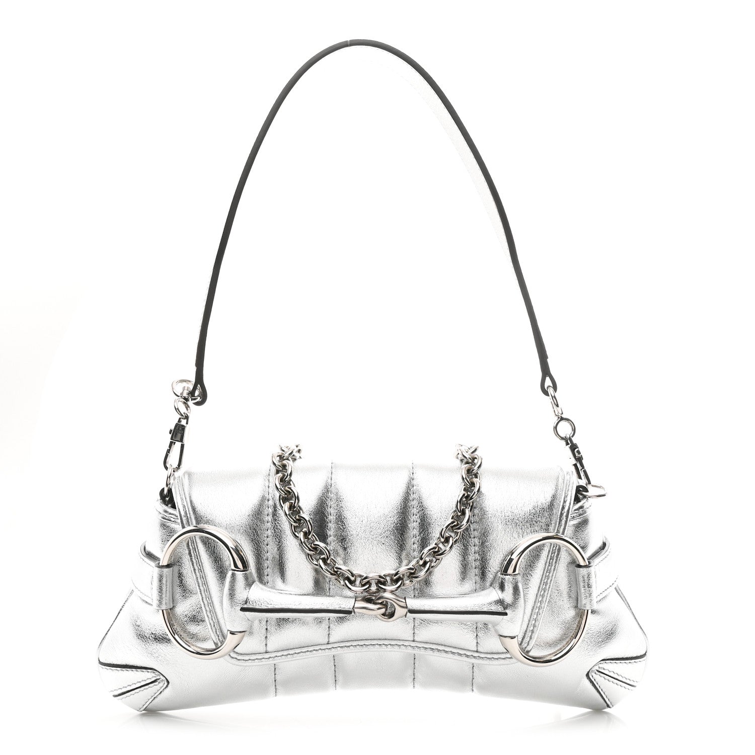 Gucci Metallic Nappa Vertical Matelasse Small Maxi Horsebit Chain Shoulder Bag Silver