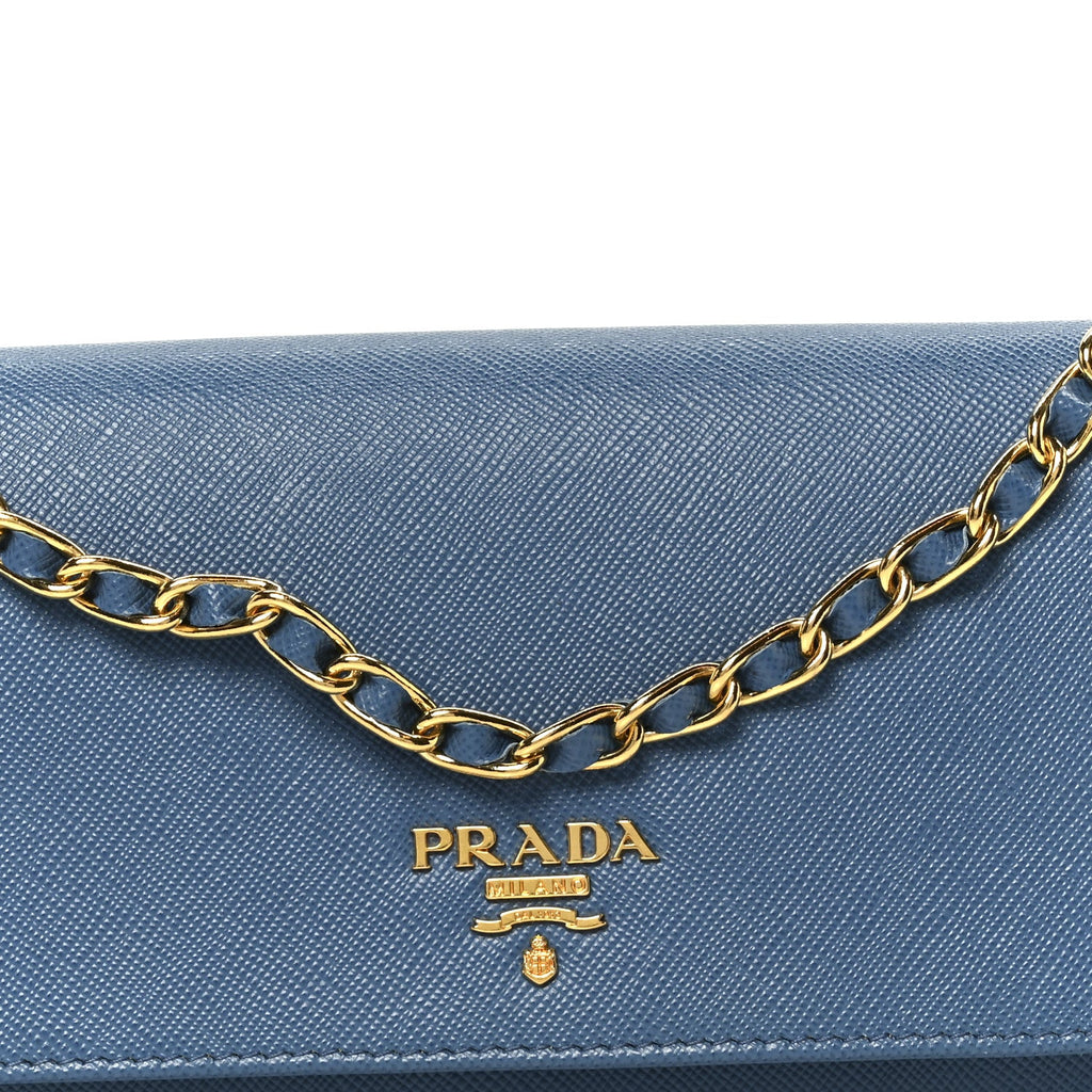 Prada Saffiano Metal Oro Chain Wallet Cobalto