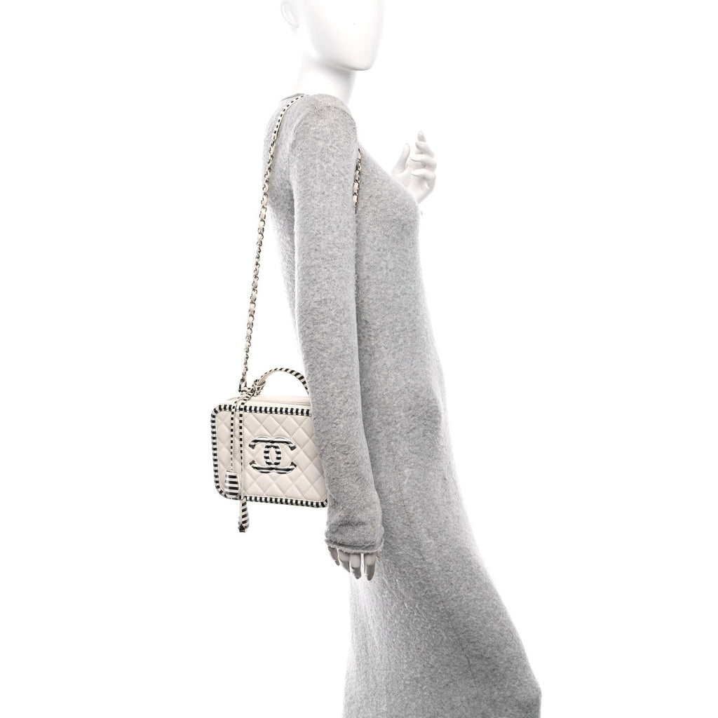 Chanel Caviar Quilted Striped Medium CC Filigree Vanity Case White Black
