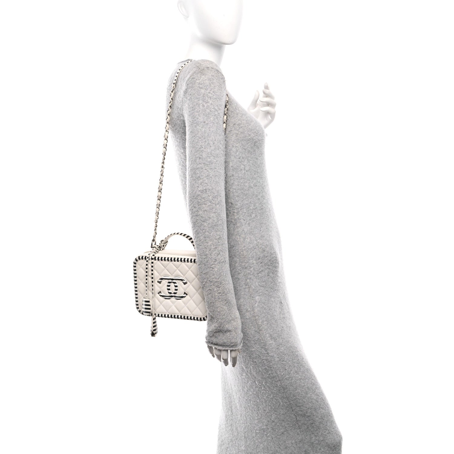 Chanel Caviar Quilted Striped Medium CC Filigree Vanity Case White Black