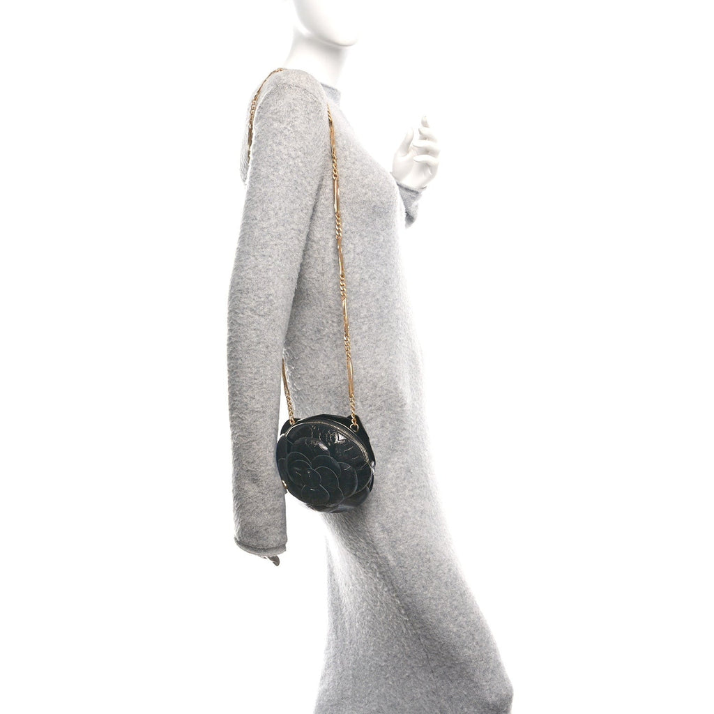Chanel Patent Lambskin Camellia Bouquet Clutch With Chain Black