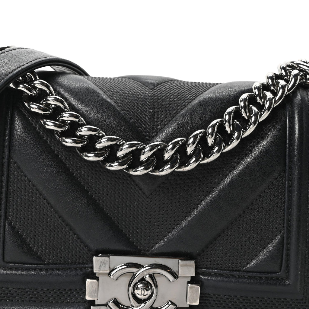 Chanel Calfskin Perforated Chevron Quilted Small Boy Flap Black