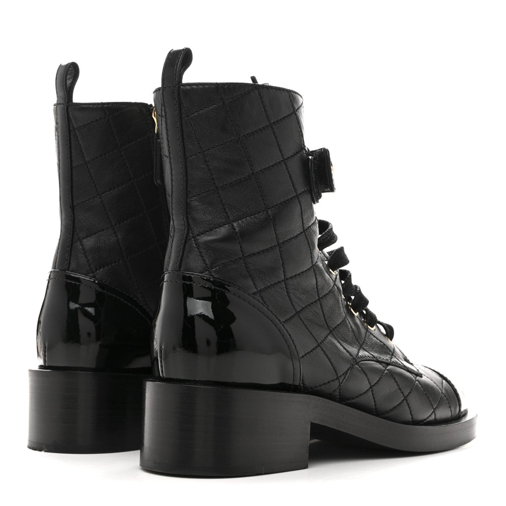 Lambskin Patent Calfskin Quilted Logo Lace Up Combat Boots 37 Black